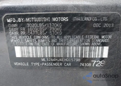 2014 Mitsubishi Mirage Es из США, поврежденный, VIN ML32A4HJ4EH015798